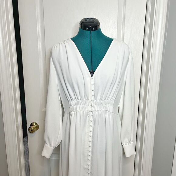 Zara Midi V Neck Button Down Front Smocked Polyester Textured Long Sleeve Dress - Picture 4 of 15